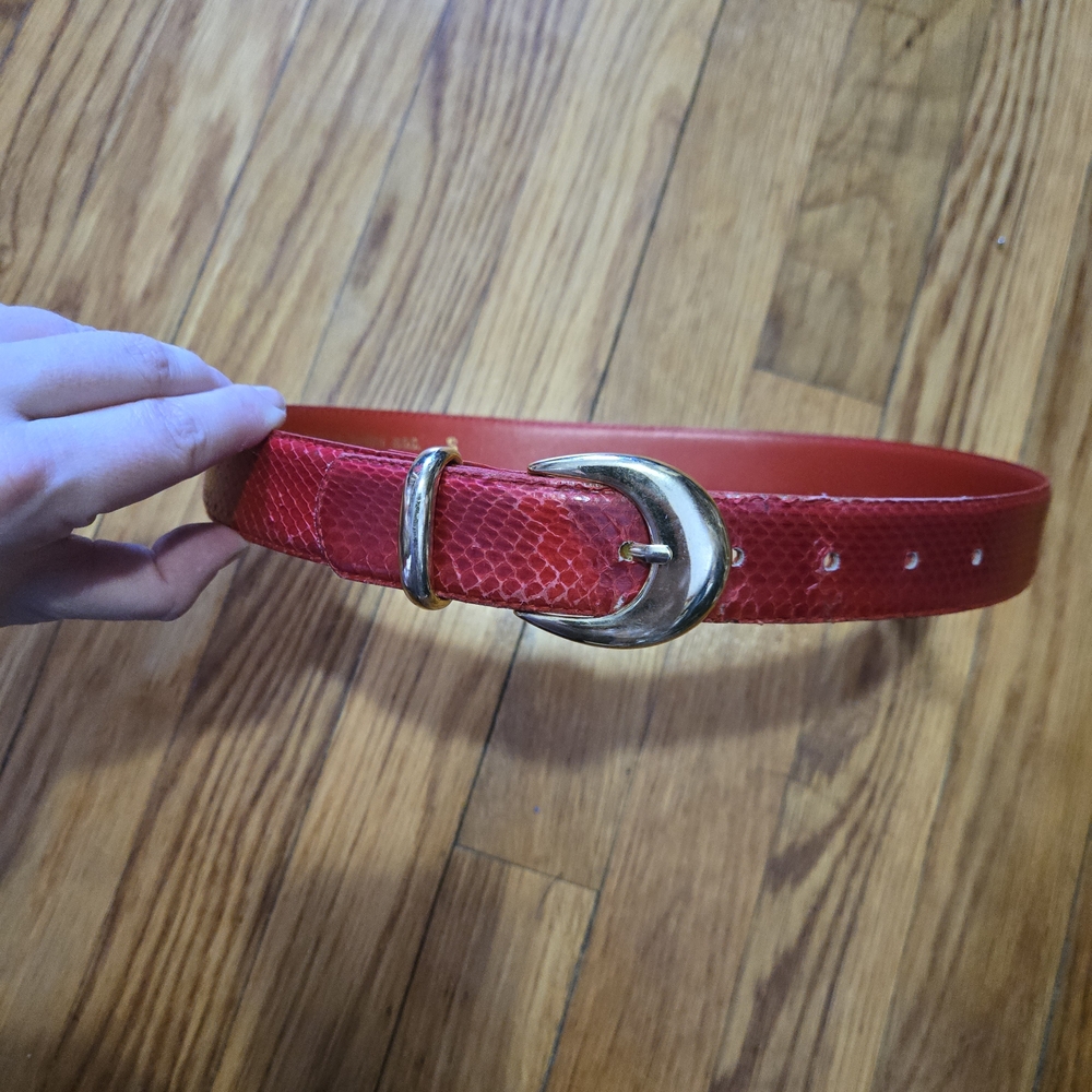 Vintage Red Leather Belt Snakeskin with Gold Buckle